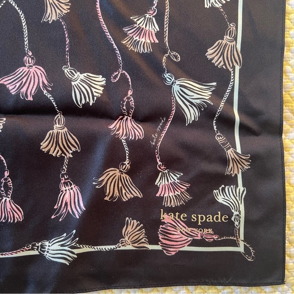 NWT Kate Spade 100% Silk Black Pink Scarf White Tassel Design KS1003681 - Picture 2 of 7